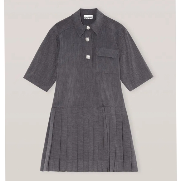 GANNI Grey Mélange Suiting Pleated Mini Shirt Dress Size 36 - Picture 6 of 14